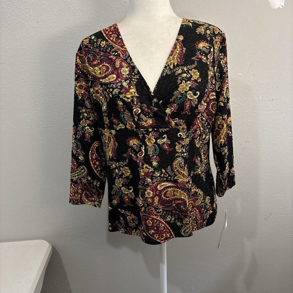 Simply Russell Vintage V Neck 3/4 Sleeve Fliral Babydoll Blouse Women Large